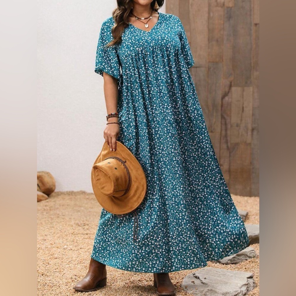 NWT SHEIN Emery Rose Short Sleeve V-neck Maxi Dress Green Ditsy Floral size 2XL